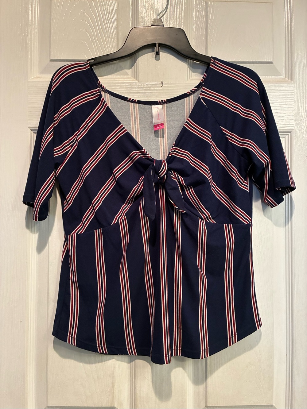 No Boundaries Navy, White & Red Striped Tie-Front Top